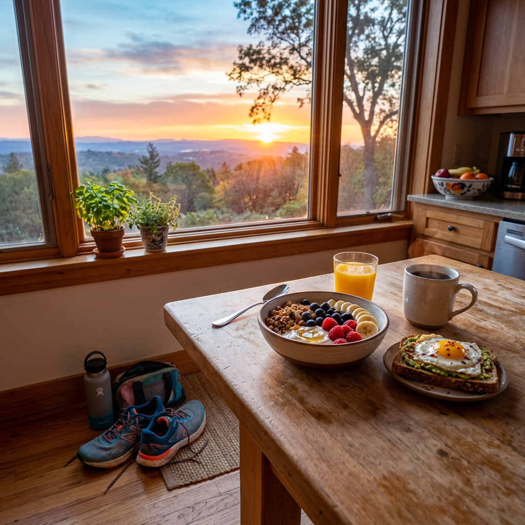 Bowl of granola with fruit, avocado toast with egg, orange juice, and coffee on a wooden table near a window showing sunrise.