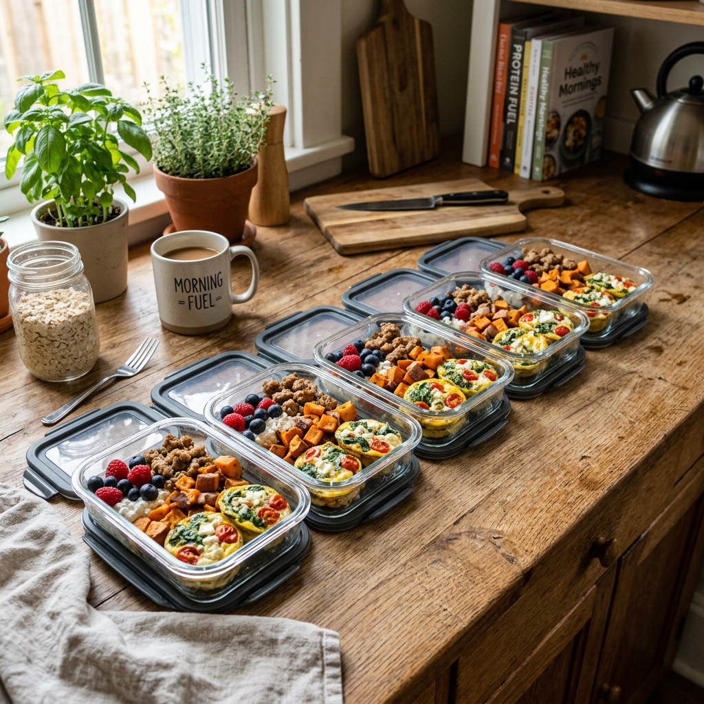 Five meal prep containers with eggs, sweet potatoes, berries, cottage cheese, and granola