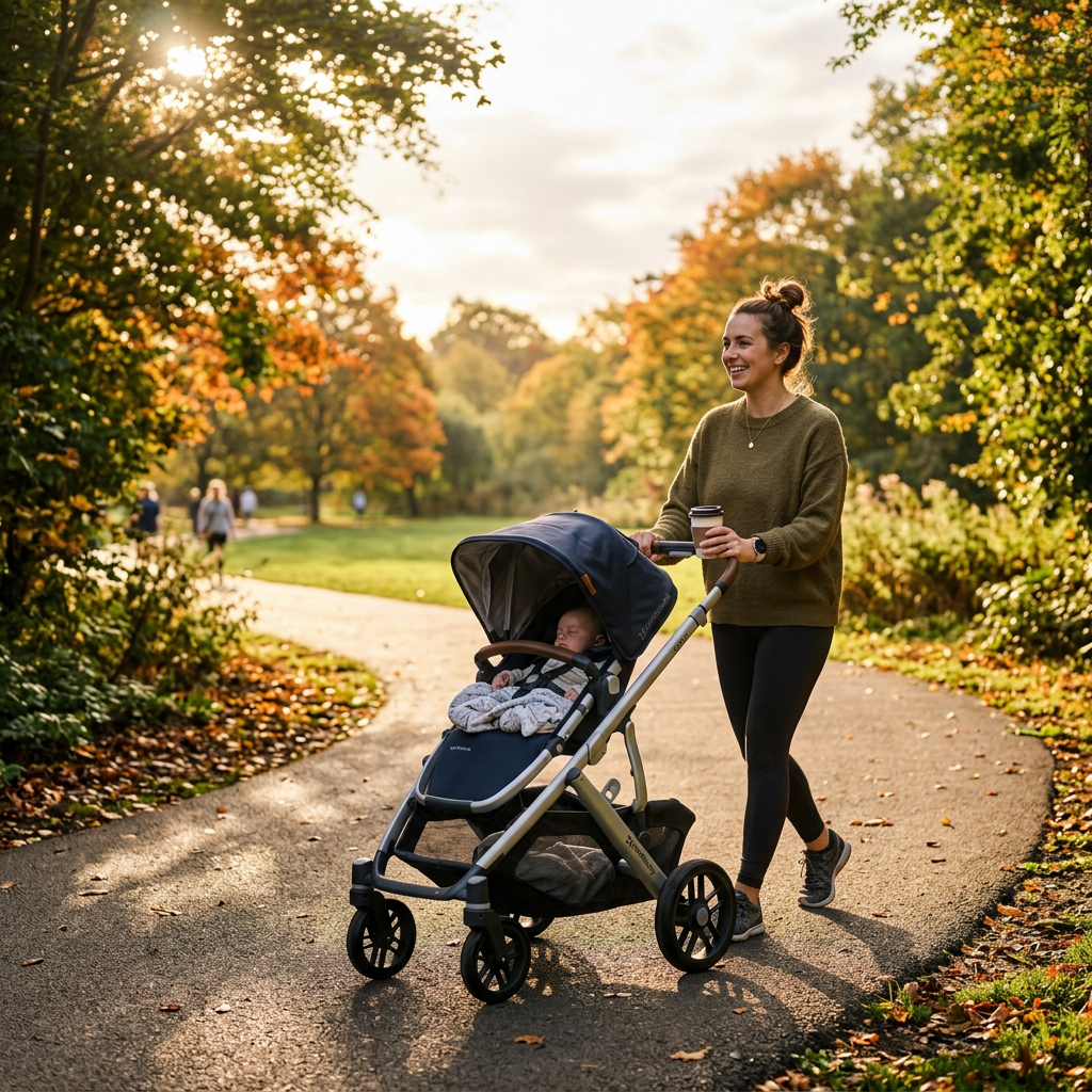 Woman pushing baby stroller on park path during autumn