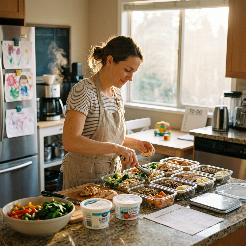 Woman arranging cooked vegetables and grains into meal prep containers on kitchen counter