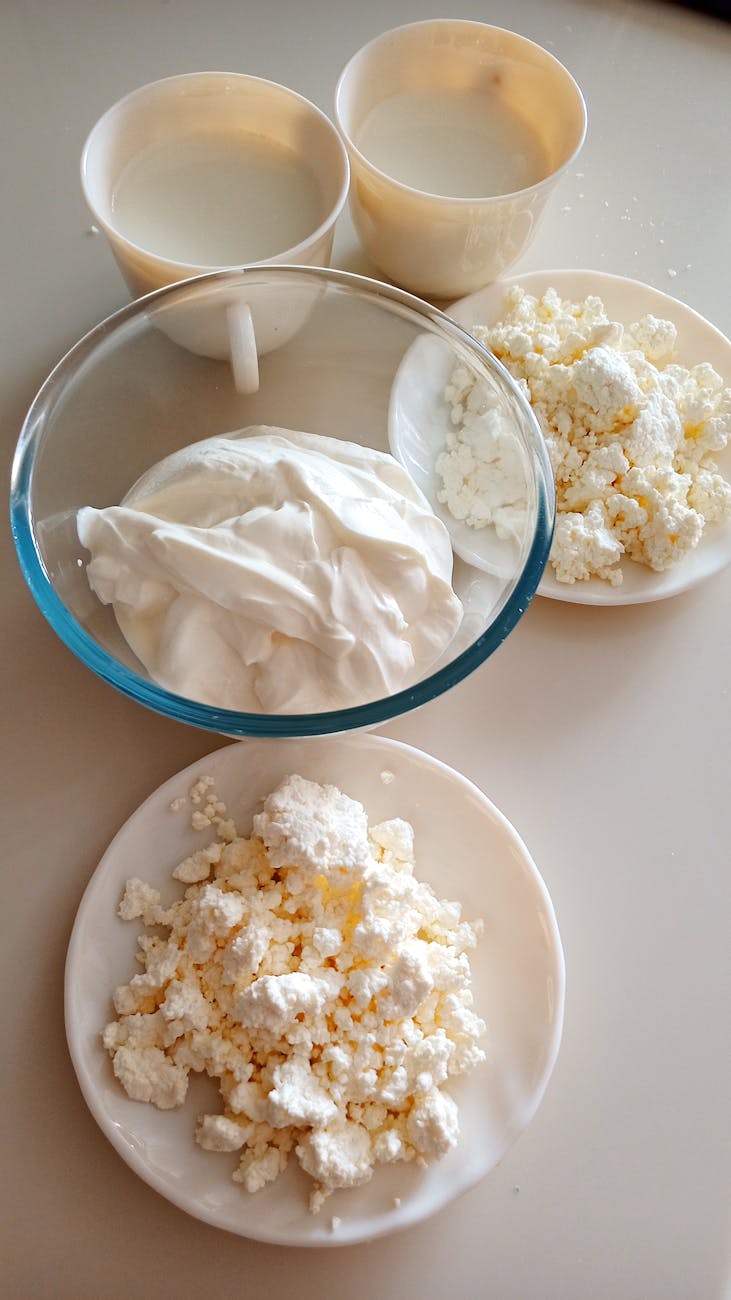 cottage cheese on plates and a bowl of sour cream