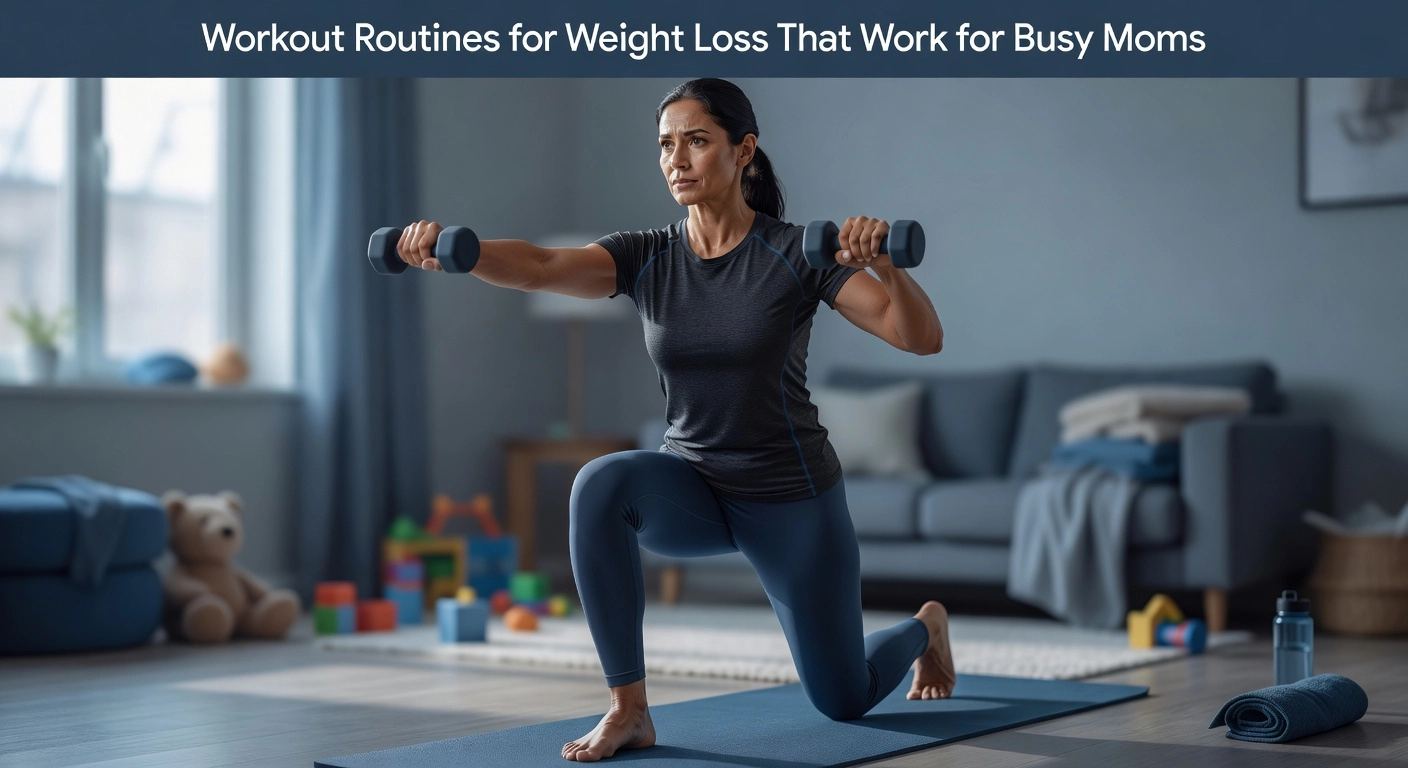 A mom performing an overhead dumbbell press as part of a lazy girl weight loss routine at home.