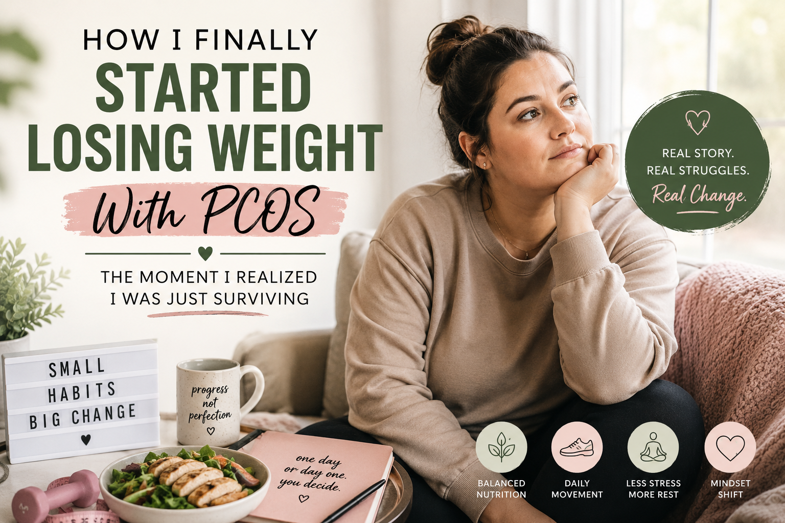 How I Finally Started Losing Weight With PCOS: The Moment I Realized I Was Just Surviving Woman reflecting on her PCOS weight loss journey before starting healthy lifestyle changes